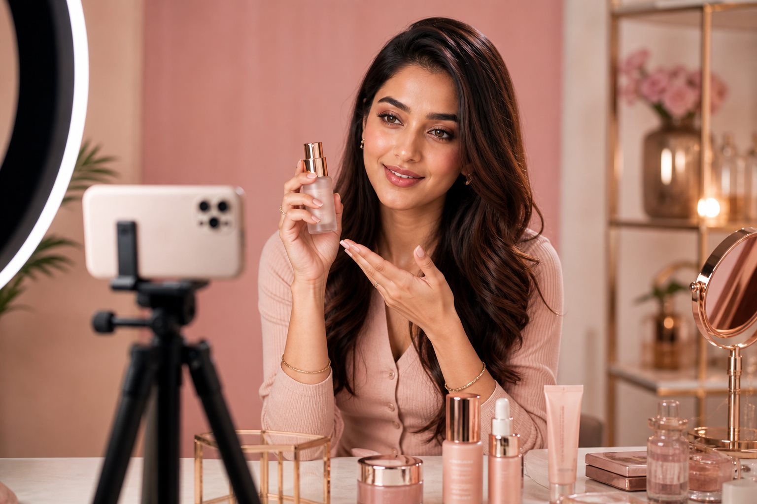 Fictional Indian creator filming UGC content in a blush studio