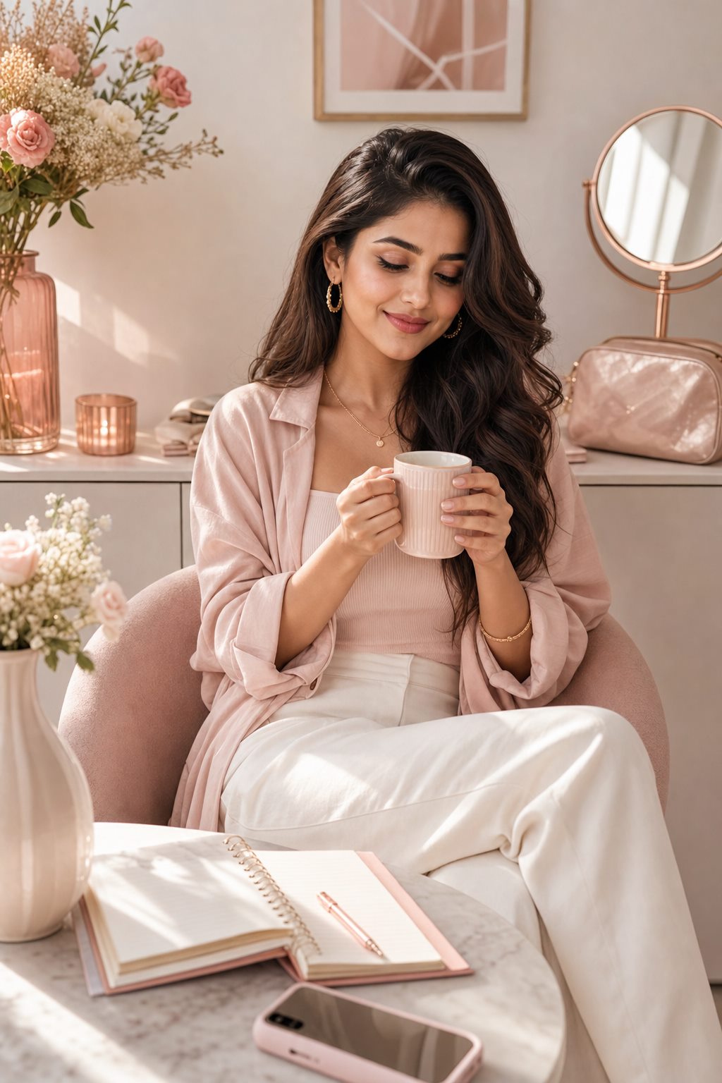 Fictional Indian lifestyle creator in a premium blush interior