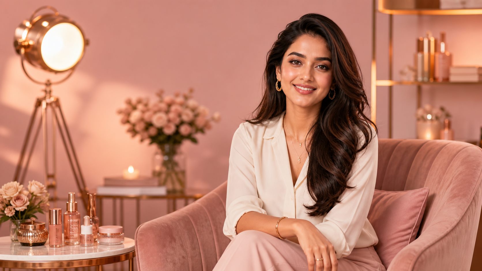 Fictional Indian creator seated for a premium testimonial video
